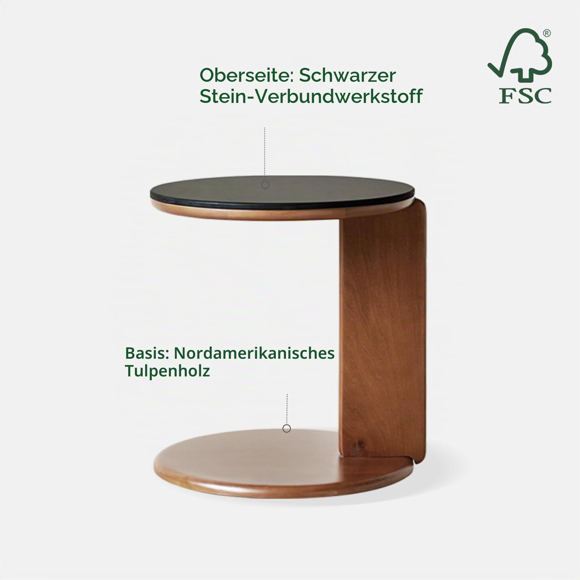 YESWOOD C-förmiger Beistelltisch 45 cm, Keramik Sinterstein Tischplatte, Massivholz Sofatisch aus Tulpenbaum, Couch Beistelltisch für Laptop, Schwarz | Platte aus Sinterstein, hitzebeständig und kratzfest, modernes Design, Beistelltisch für Wohnzimmer