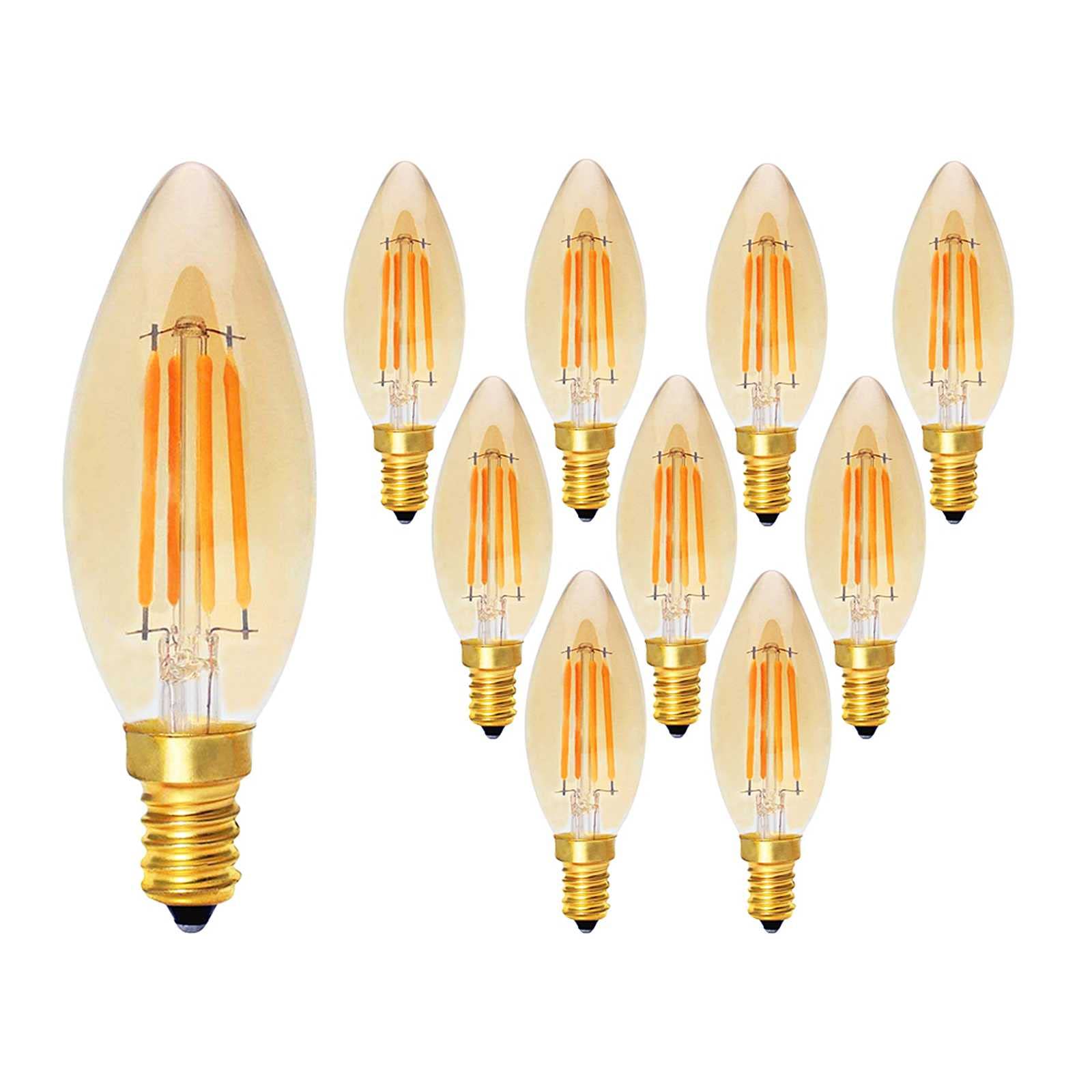 E14 LED Candelabra Light Bulbs, 4W Dimmable Chandelier Light Bulbs 40 Watt Equivalent Vintage Edison Style E14 Base LED Filament Bulb 2200K Warm Yellow 400LM Amber Glass Torpedo Shape 10 Pack