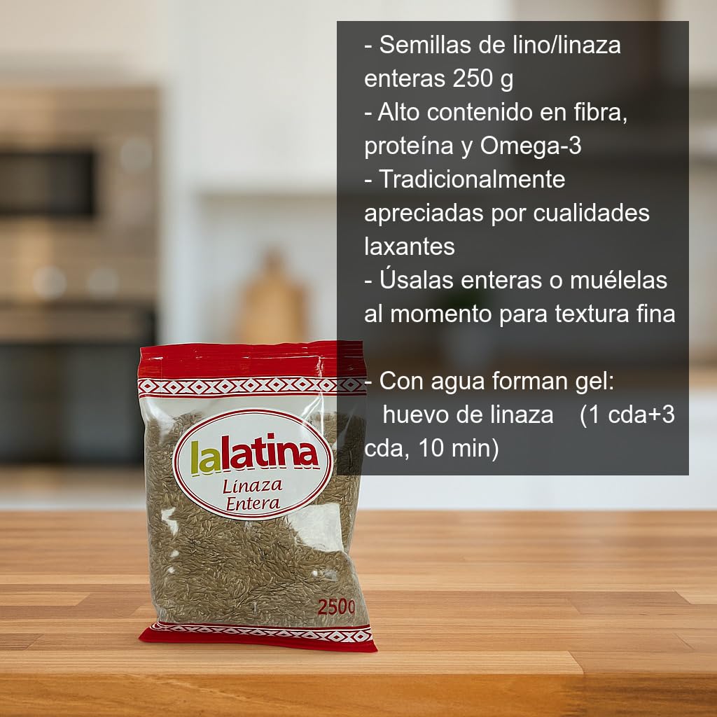 Semillas de linaza enteras 250 g, lino natural rico en fibra y omega 3 para recetas, panes y huevo vegano
