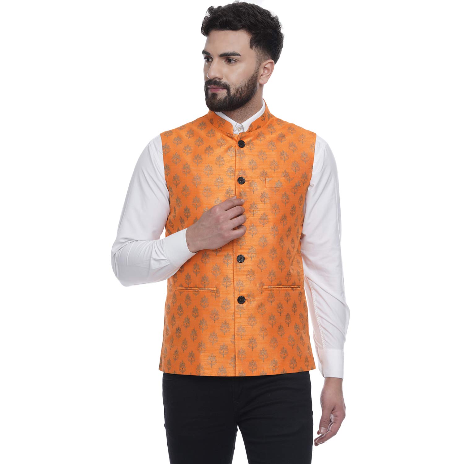 ghanshee Orange Jacquard Printed Silk Nehru Jacket (orange)-picture-22