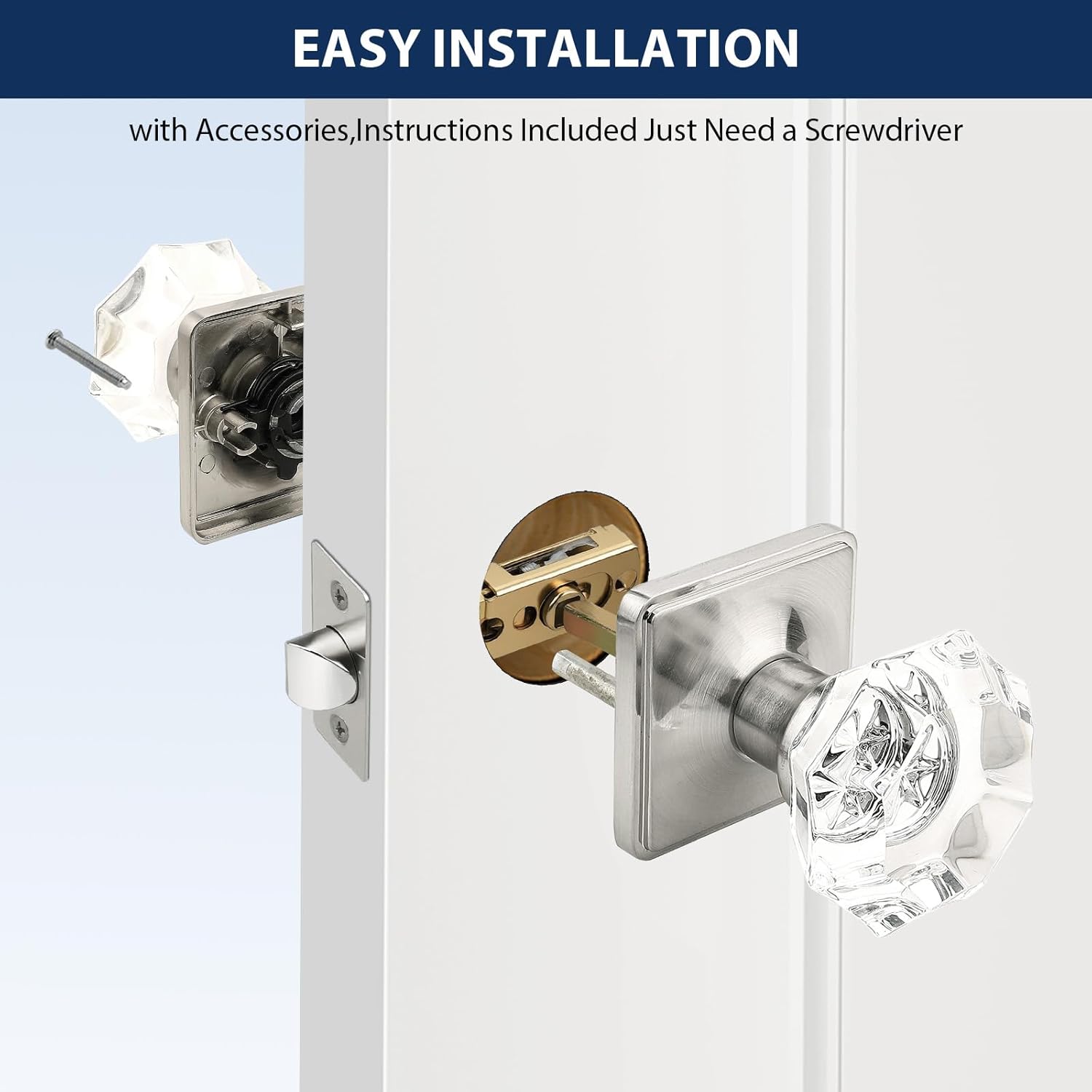 Orger Passage Door Knobs,Modern Glass Door Knobs, Keyless Stain Nickel Interior Door Handles Zinc-Alloy Heavy Duty for Closet Hallway 5Pack