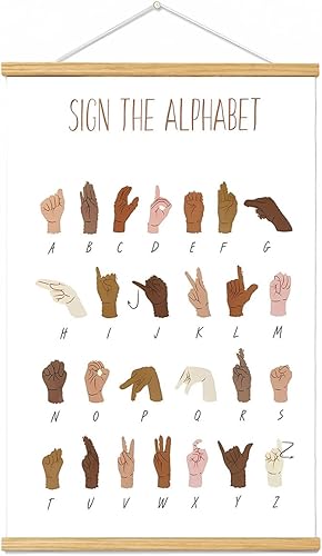 Decoración para el aula, póster de letrero vintage, alfabeto de lenguaje de signos americano, arte de pared educativo para sala de juegos, arte