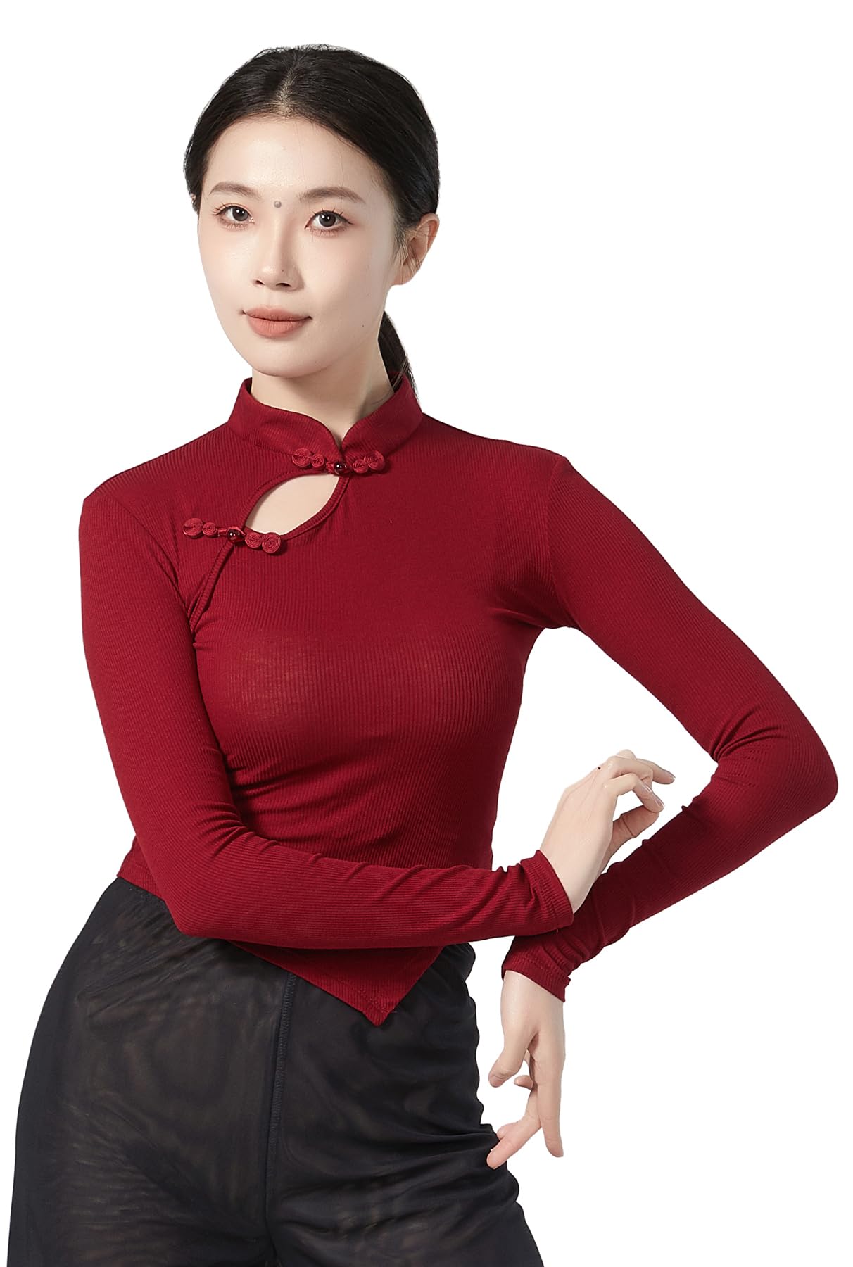 Angcoco Women's Chinese Traditional Long Sleeved Cheongsam Tops Deep Red