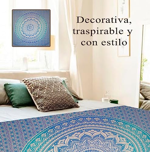 Manta mandala azul decorativa en un ambiente elegante, mostrando su estilo y transpirabilidad