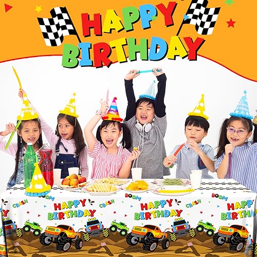 Image of Monster Truck Tablecloth - 3 Pcs Disposable Machine Table Cover, Checkered Tablecloth for Monster Truck Birthday Party Decorations