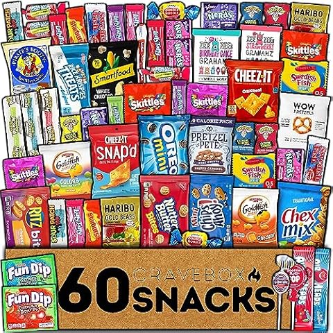 CRAVEBOX Snack Box (60 Count) Valentines Day Pack Care Package Gift Basket Adult Kid Guy Girl Women Men Birthday College Student Office Back to School Cover