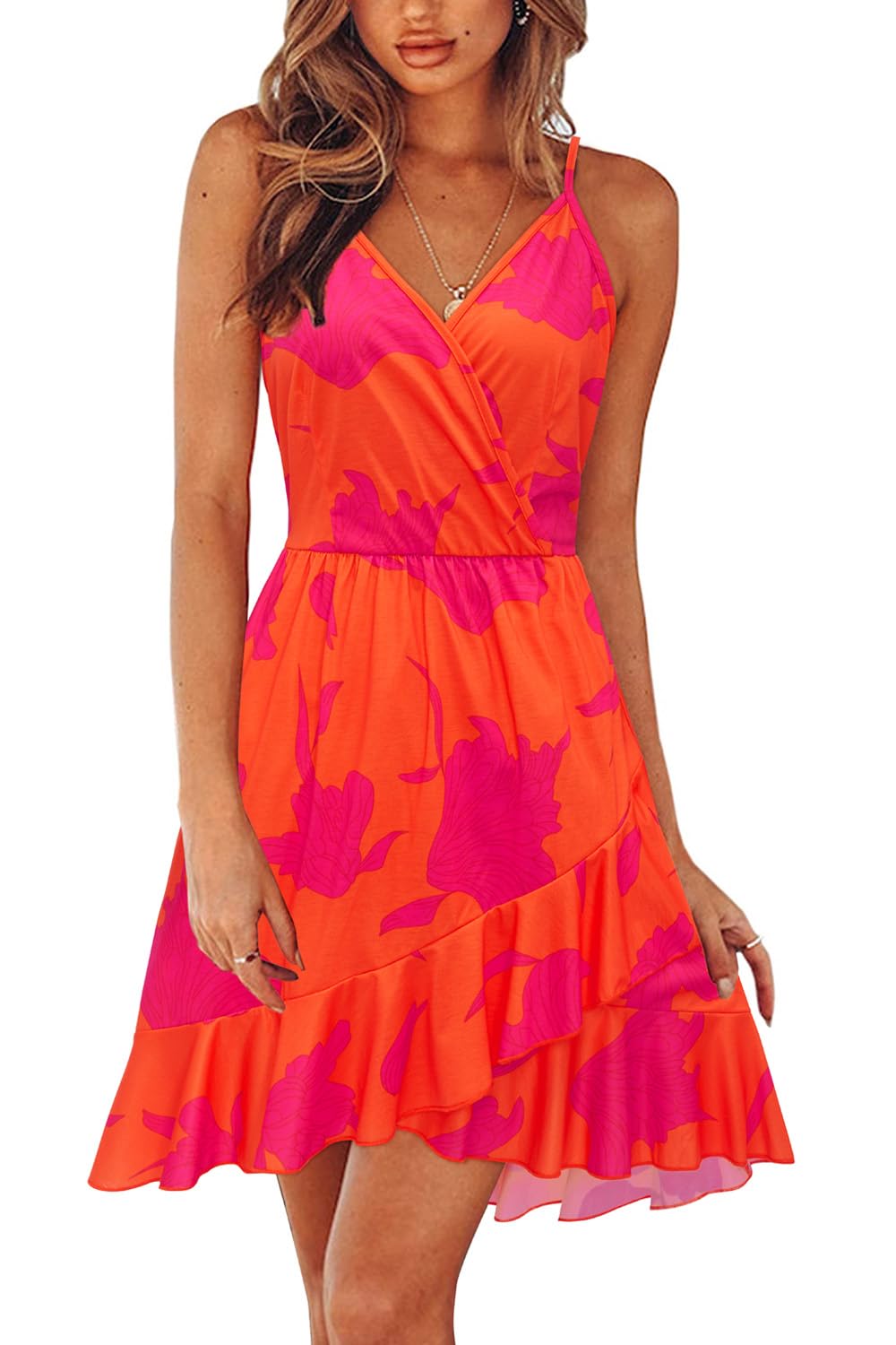 ULTRANICE Womens Summer Dresses Floral V Neck Ruffled Hem Spaghetti Spring Casual Beach Outfits Flowy Wrap Sun Dress