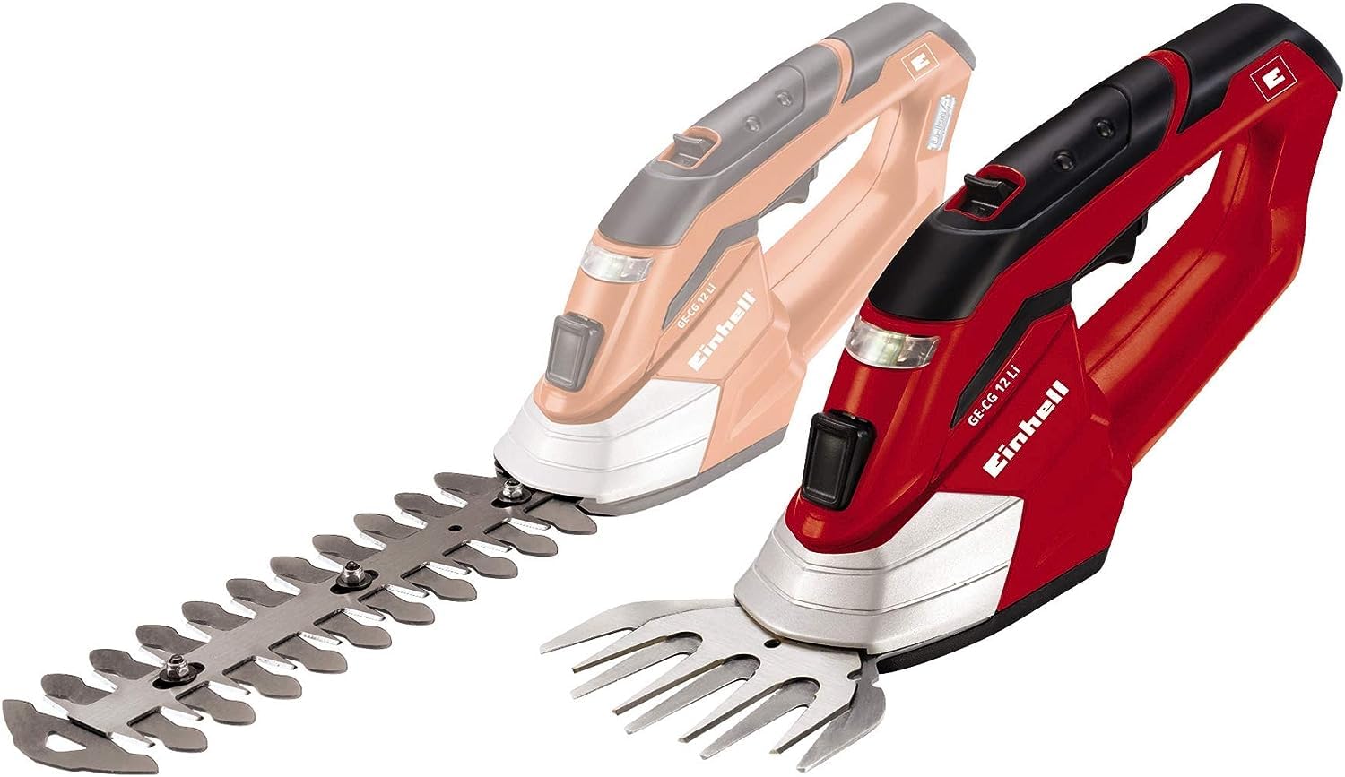 Einhell Akku-Gras- und Strauchschere GE-CG 12 Li (Lithium-Ionen, 12 V, 1,5 Ah, werkzeugloser Messerwechsel, lasergeschnittene Messer, Metall-Getriebe, Teleskopstiel, Softgrip, Sicherheitsschalter)
