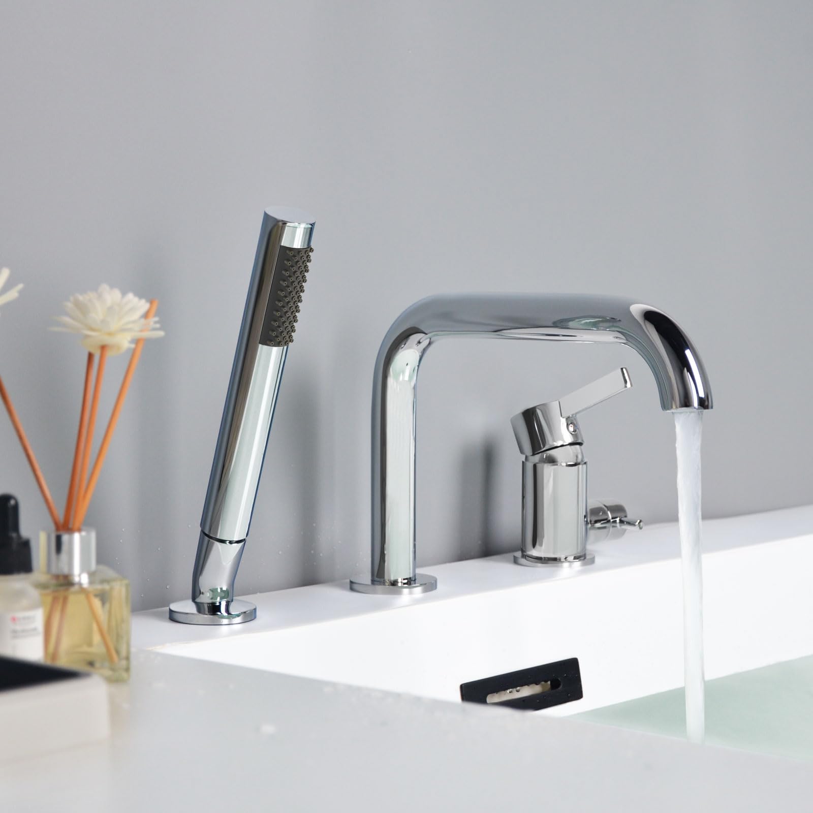 Rubinetto per Vasca 3 Fori, Rubinetto per Bordo Vasca con Girevole a 360°, Miscelatore per Vasca da Bagno con Doccetta, Cromo, 11Y1OK