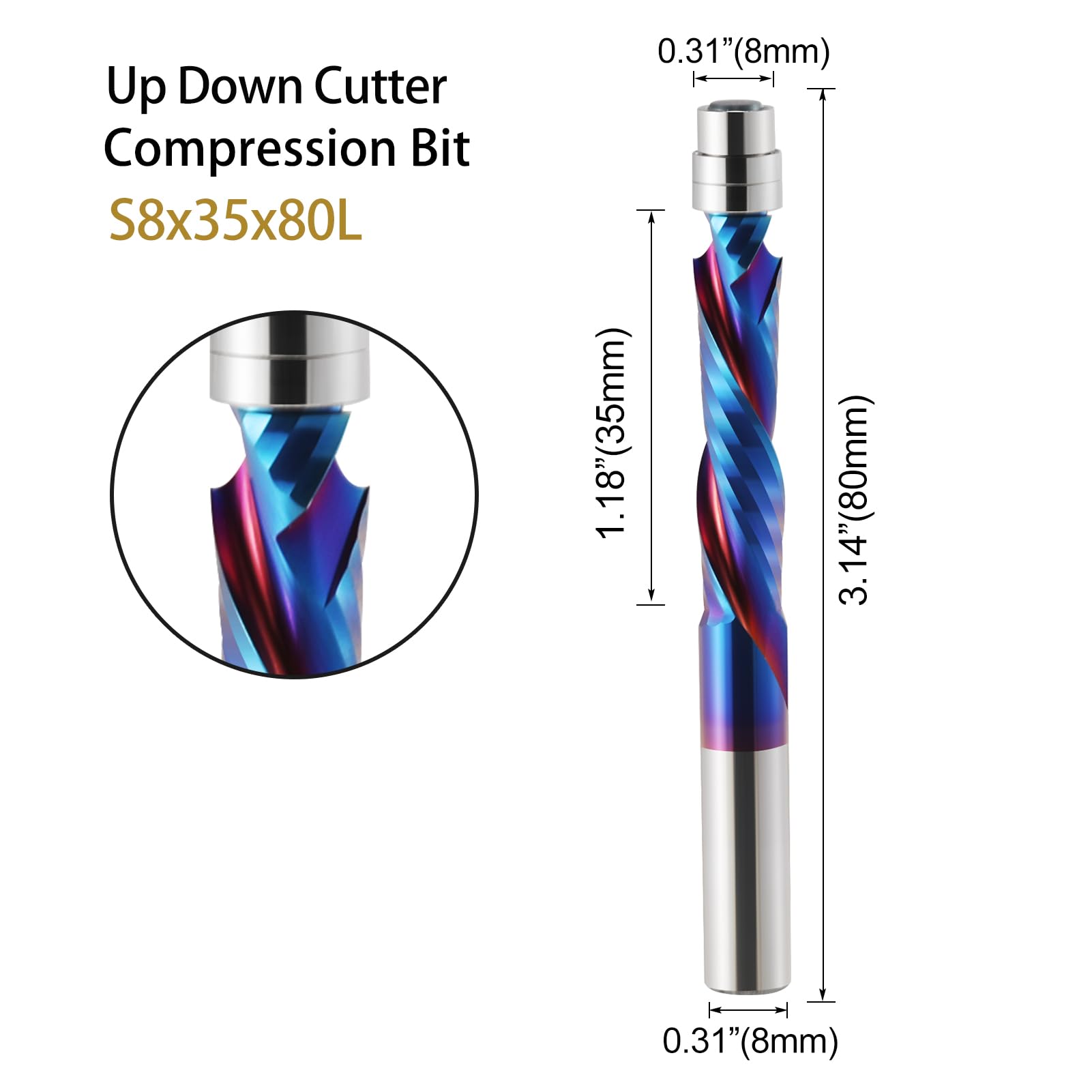 1/2/5 sztuk 6mm 6.35mm spiralne przycinanie z powierzchnią frezowaną frez UP wycinany CNC drewna trzpieniowy łożyskiem(2F Up Down 8X35,2pcs)
