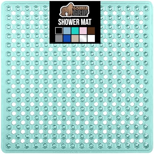 GORILLA GRIP Patented Square Shower Stall Mat, Small Bathtub Floor Mats for Stand Up Showers with Suction Cups and Drainage Holes, Machine Wash, Soft on Feet, Bathroom Accessories 21x21 Inch, Green