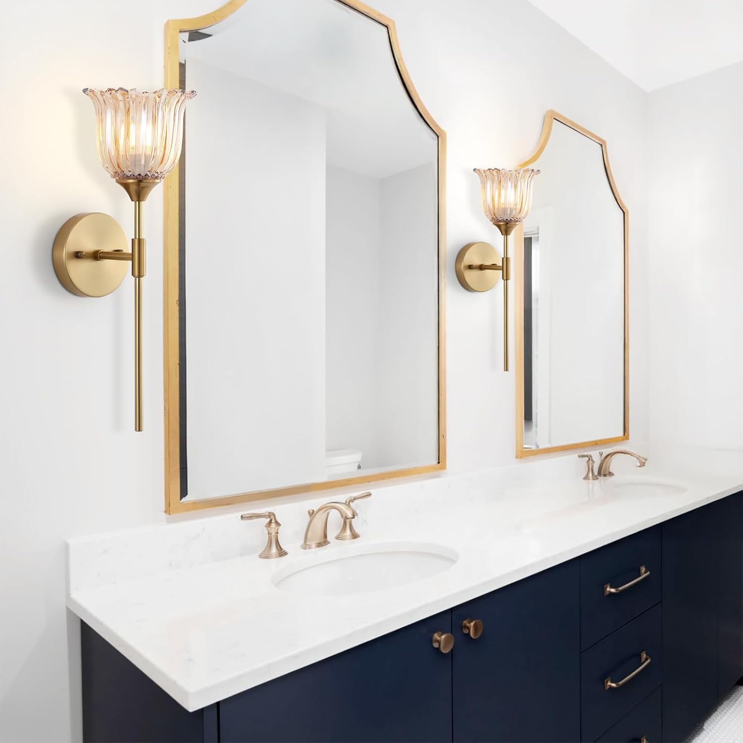 Gold Wall Sconce Set of 2 with Amber Glass Shades Modern Mid Century Bathroom Vanity Wall Light Fixtures Industrial Brushed Brass Wall Lamp for Bedroom Mirror Living Room Restaurant