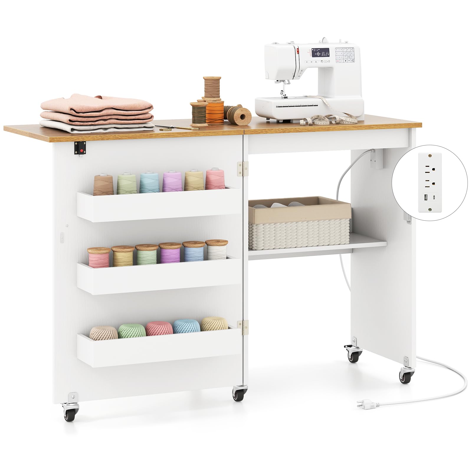 Nightcore Folding Sewing Table, Multipurpose Craft Table with Charging Station, Lockable Casters, Rack and Storage Shelves, Space-Saving Cart, Sewing Desk Cabinet for Living Room Home Studio