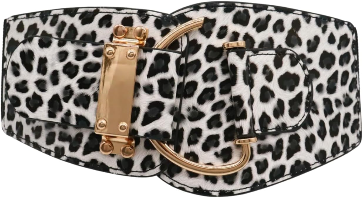 Women Leopard Elastic Wide Belt - Hip High Waist Gold Hook Buckle Animal Print Size L - XL - Image 2