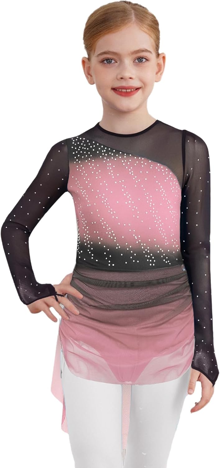 Freebily Kids Girls Figure Ice Skating Dress Long Sleeve Gradient Dance Dress Rhythmic Gymnastics Dancewear