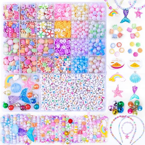 MiuCo Perlen Set für Kinder Armbänder Selber Machen - Mädchen Spielzeug Schmuck Basteln ab 5 Jahre, Kreative Geschenke für 6 7 8 Jahre Mädchen Eignen Sich, Kindergeburtstag, Einschulung, Weihnachten