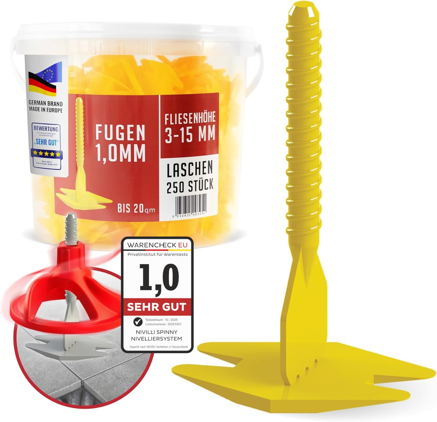 Nivilli SPINNY - 250 Stück Zuglaschen/Gewindelaschen - Fugenbreite 1mm - Materialdicke 3-15mm - Profi Nivelliersystem. Verlegehilfe für Fliesen & Naturstein