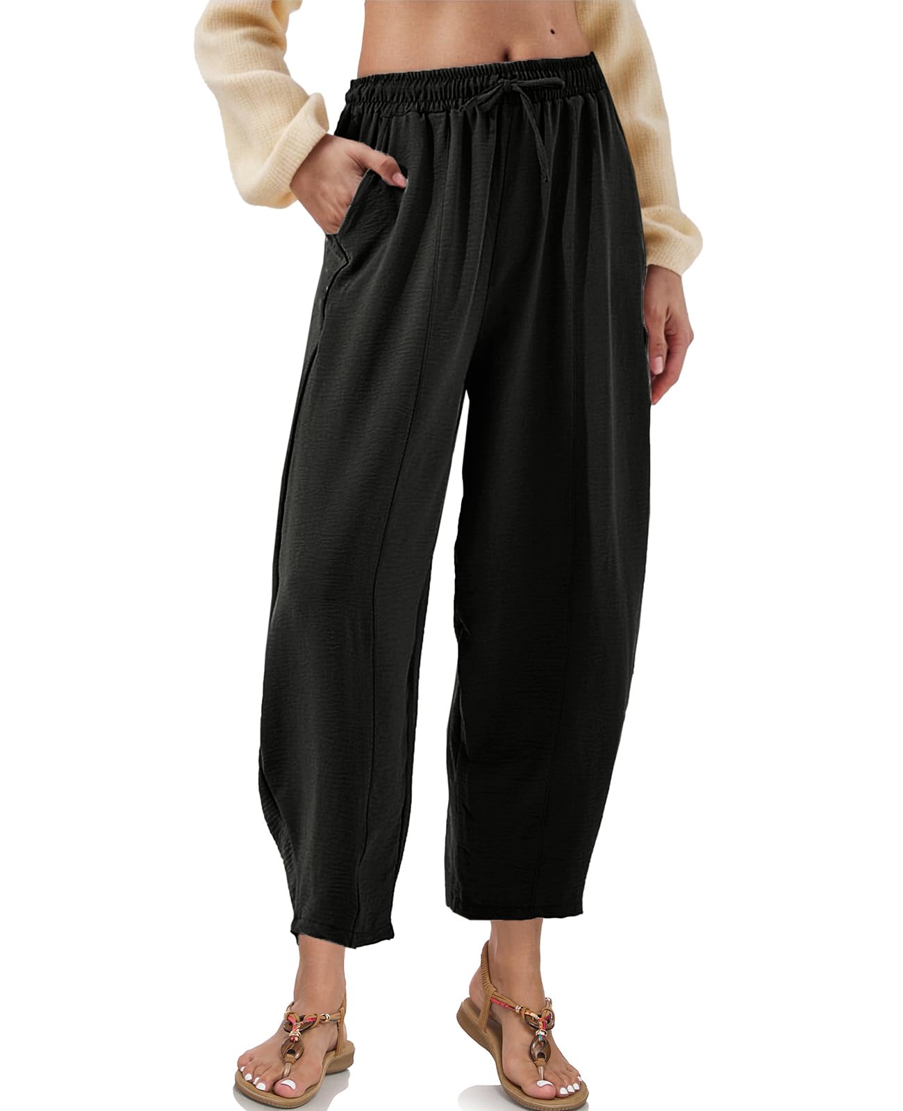 Womens High Waisted Baggy Pants Drawstring Elastic Waisted Ankle Length Pants Palazzo Casual Trouser with Pockets