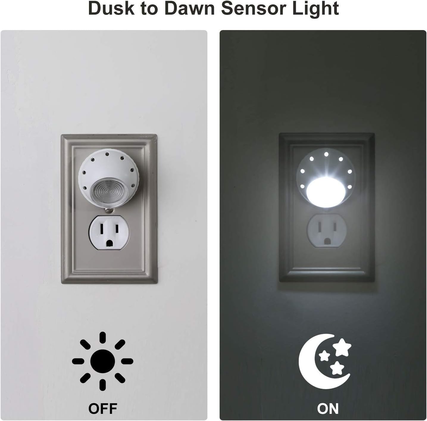 Two images showing the night light: one in a bright room (off) and one in a dark room (on), illustrating the dusk-to-dawn sensor