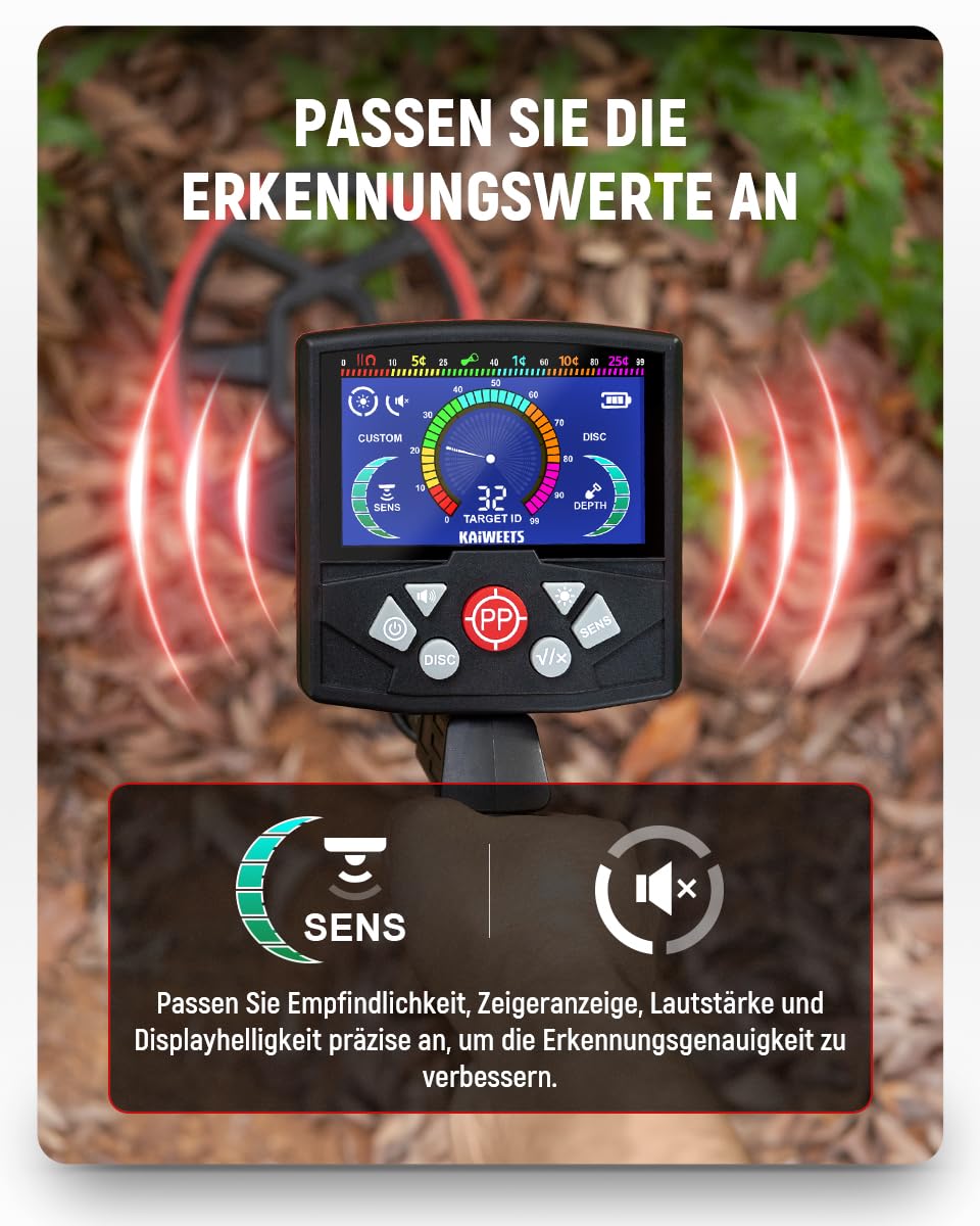 KAIWEETS Metalldetektor– Klappbarer Profi-Metalldetektor mit Farbiger Zeigeranzeige & LCD, 5 Modi, Hochpräzise Punktortung mit DSP-Chip, für Erwachsene & Kinder, inkl. Zubehörset