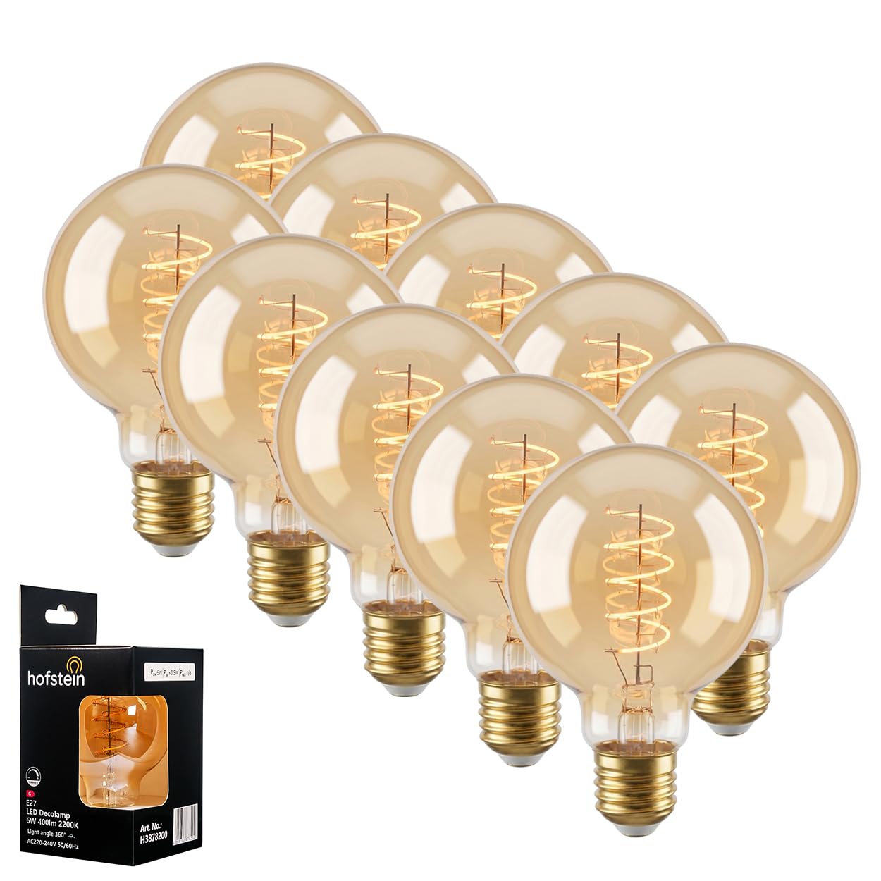 Hofstein E27 LED Warmweiss Vintage Glühbirne E27 6 Watt 2200 K 400 Lumen dimmbares dekoratives Leuchtmittel mit gedrehtem Filament Bernstein Optik für Stimmungsvolle Beleuchtung, 10er Set, G80
