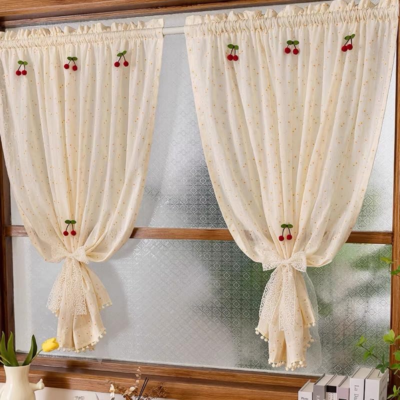 Devola Visillo de algodón y lino, estilo rústico, con estampado floral, aspecto de lino, cortina corta para ventana de cocina, 110 x 130 cm, color crema, 1 unidad