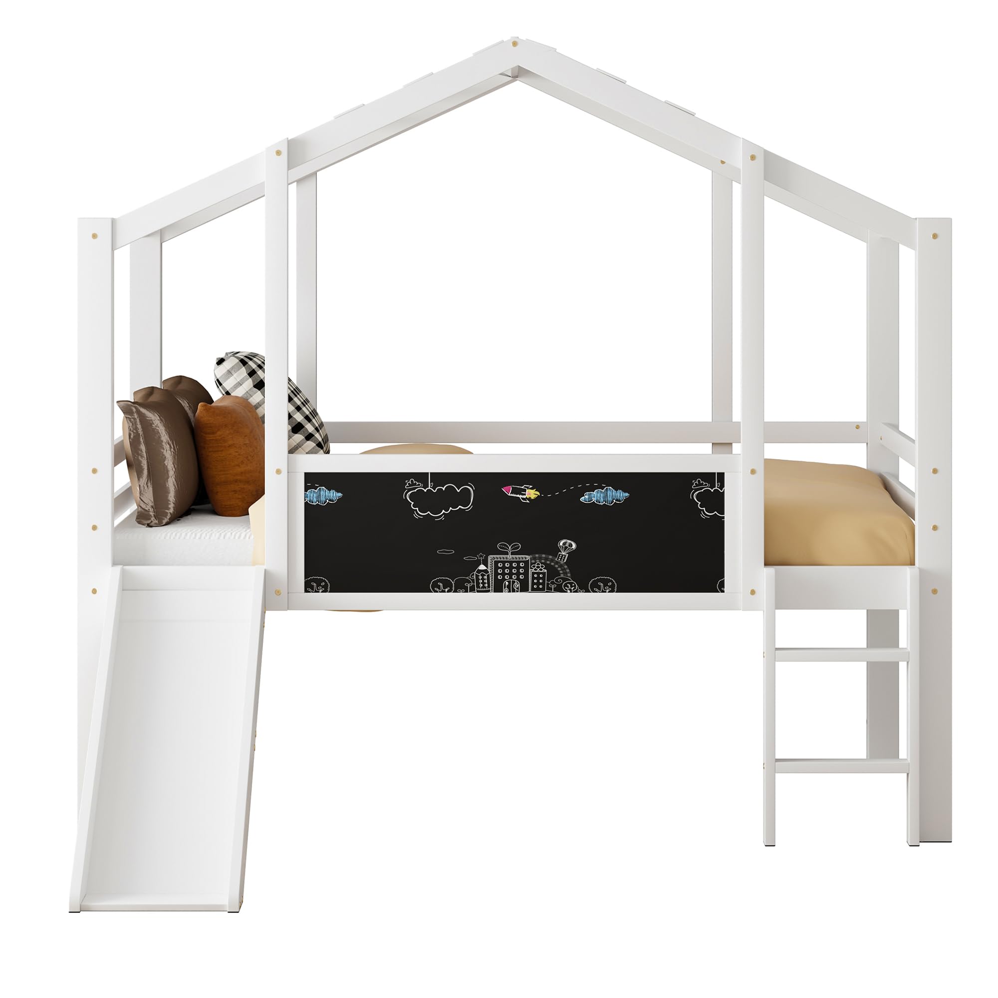Merax Kinderbett 90×200 cm, Hochbett aus Massivholz, im Haus-Design mit Rutsche, Graffiti-Tafel, Multifunktionsbett, Einzelbett, platzsparendes Spielbett für Kinderzimmer, Weiß (ohne Matratze)