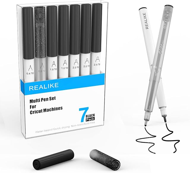REALIKE Black Pens for Cricut Maker 3/Maker/Explore 3/Air 2/Air Calligraphy Glitter Gel style 7 pensVariety tips size 0.4 Fine Point Tip 1.0/2.0/2.5 for Drawing Coloring Writing Lettering