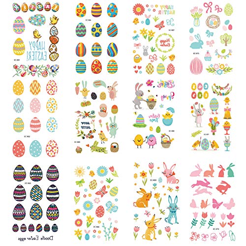 12 Sheets Easter Tattoos Stickers for Kids Bunny Chicken Temporary Waterproof Tattoos Stickers Easter Egg Party Decorations Supplies Gifts for Boys Girls