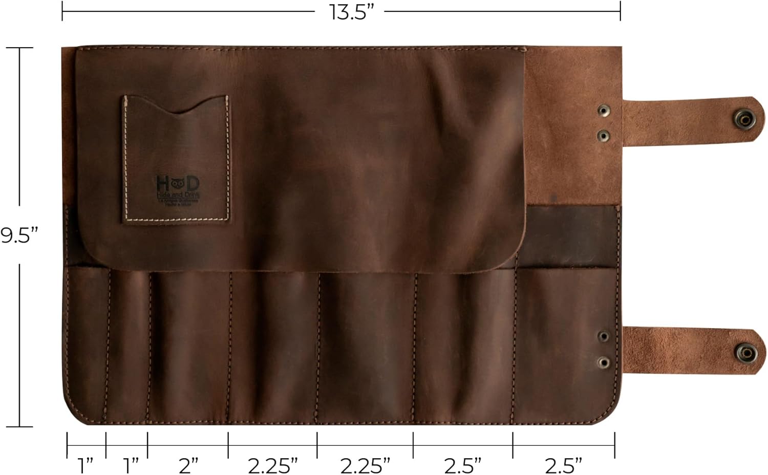 Hide & Drink, Snap Tool Roll Up Bag with 14 Slots, Portable Carry Case for Barbers, Salon Storage Organizer Pouch, Full Grain Leather, Handmade