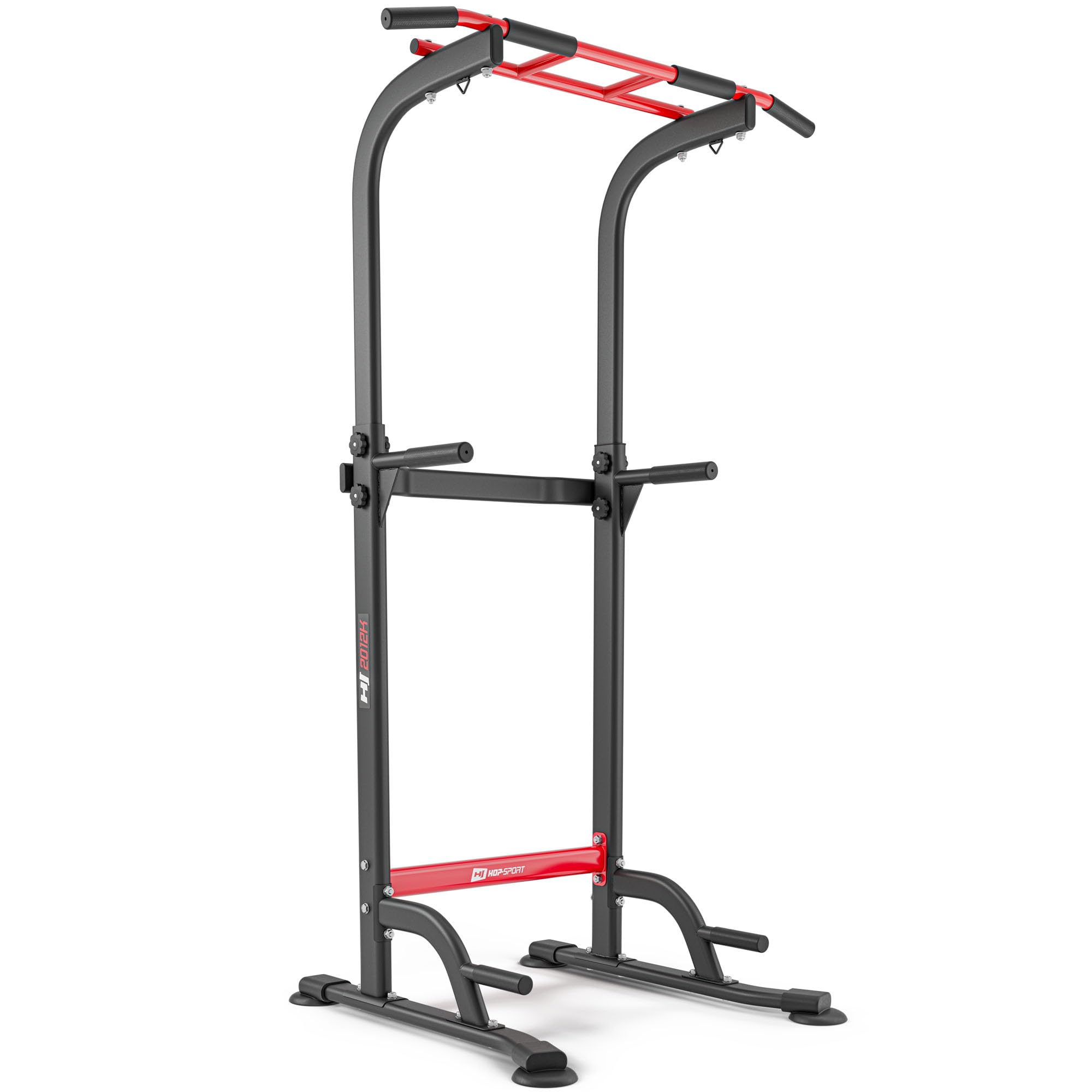Hop-Sport Power Tower mit Multigriff Klimmzugstange, Dip-Stangen & Liegestützgriffe, Home Gym, Fitnessgerät für Zuhause, Calisthenics und Krafttraining, Freistehend, 150 kg Max. Belastbarkeit