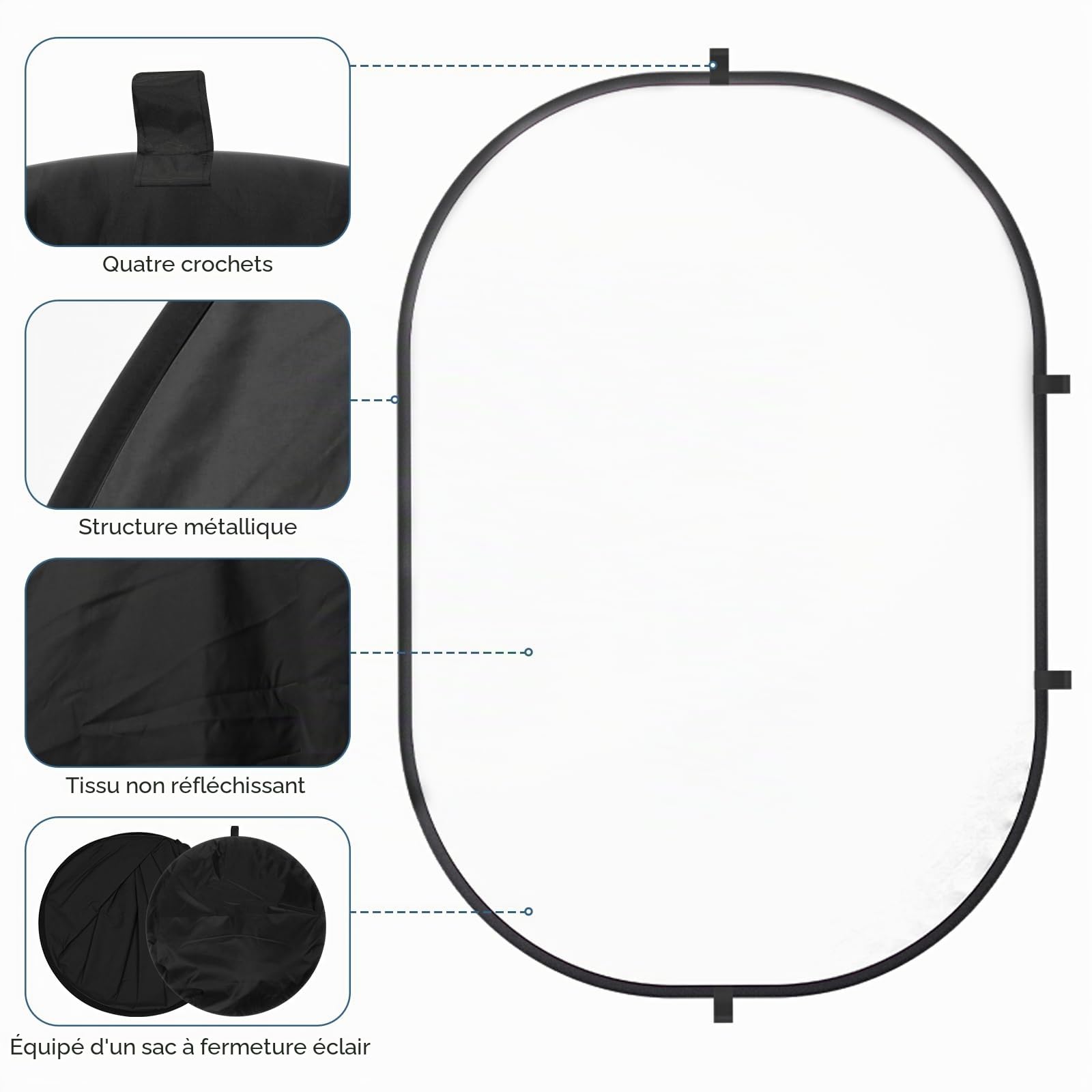 Toile de fond 2 en 1 pliable et réversible pour photographie, écran blanc double face et écran noir, 1,5 x 6,1,5 m pour photographie, vidéos YouTube et diffusion en direct