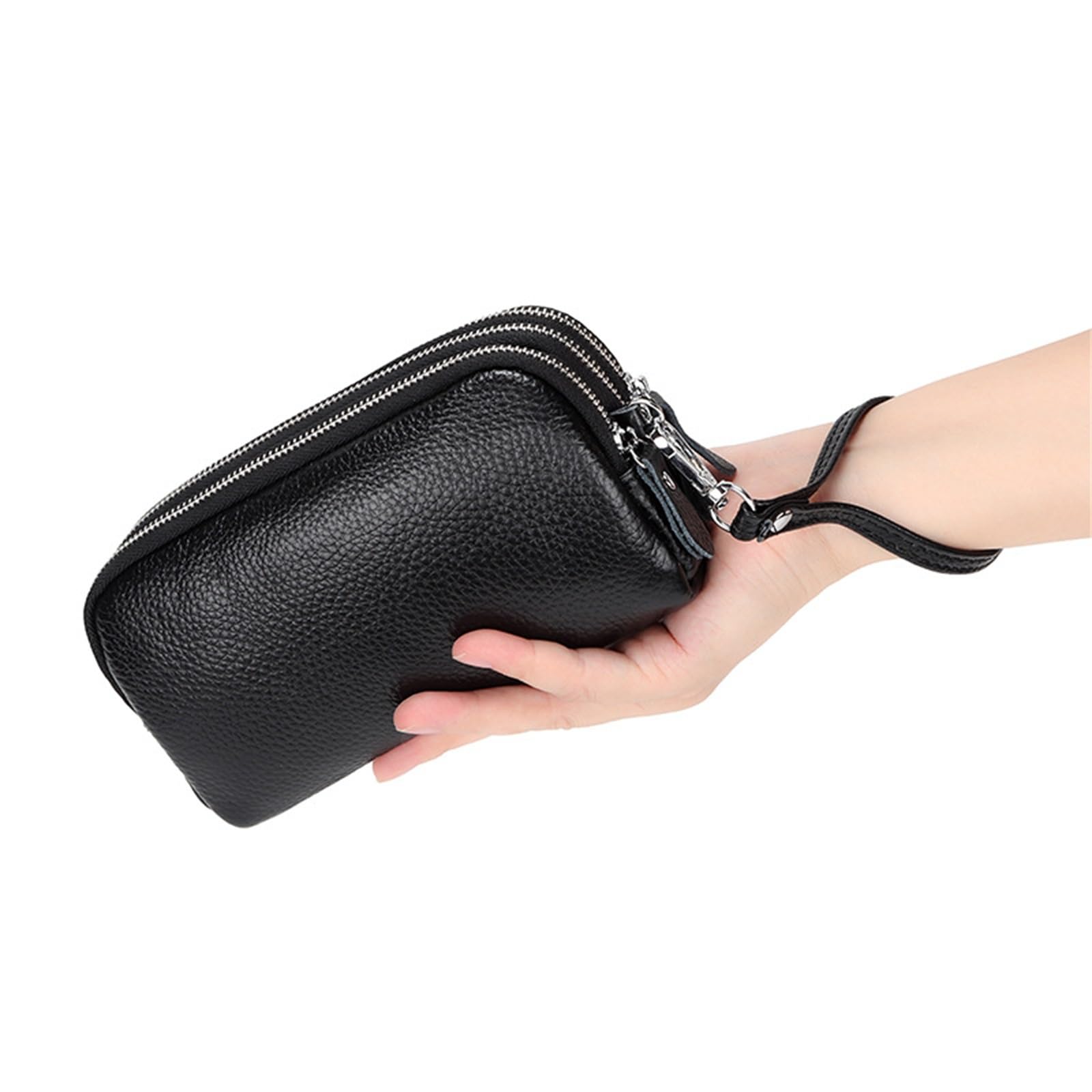 Skórzane etui damskie z zamkiem błyskawicznym i paskiem na telefon komórkowy Portfele damskie, Burgund, 18.5x10.5x5.5cm, Klasyczny