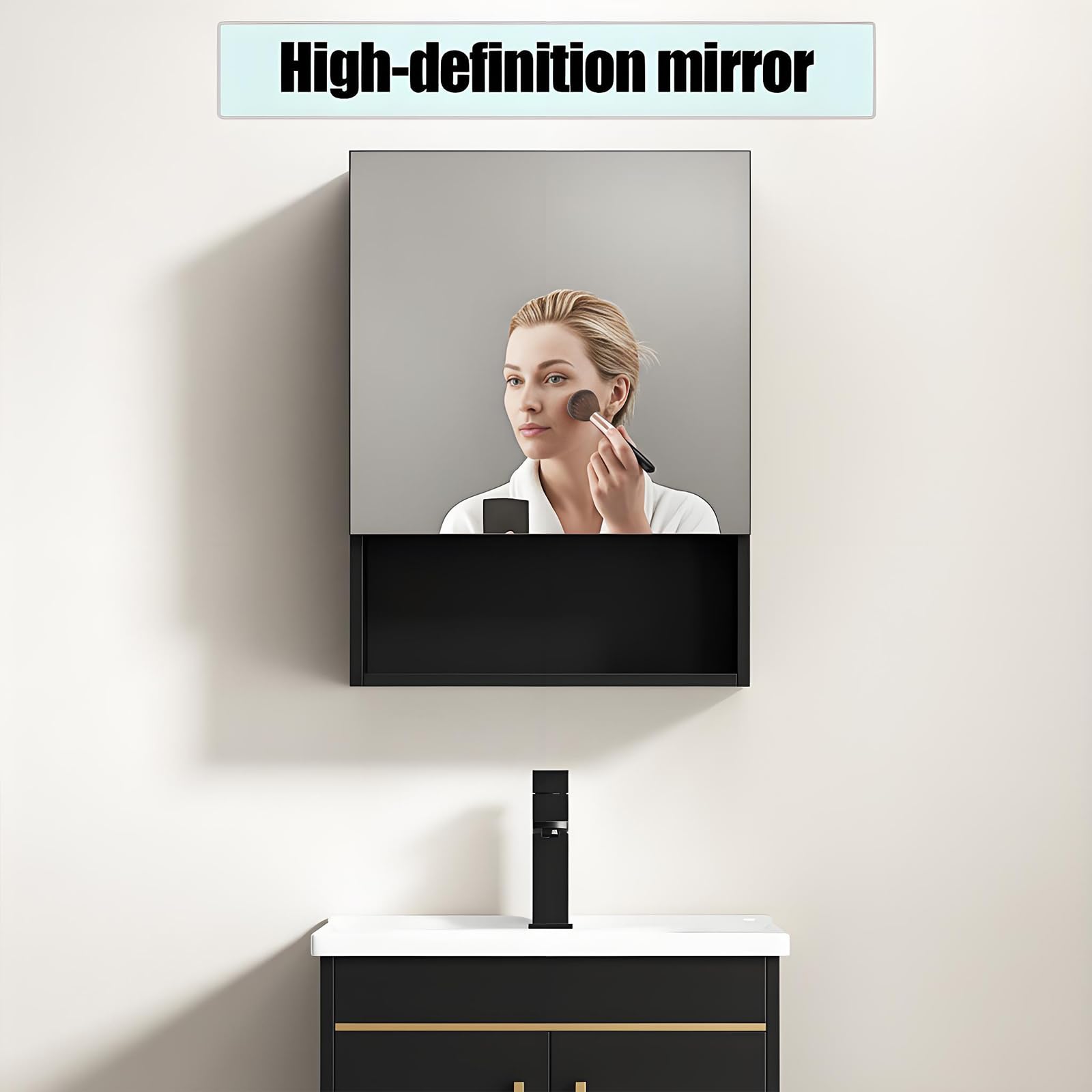 Mueble de Baño Suspendido con Lavabo Cerámico sobre Encimera con Armario con Espejo,Mueble Bajo Lavabo Conjunto de Muebles de baño (Negro, 50 * 36CM+45 * 60CM)