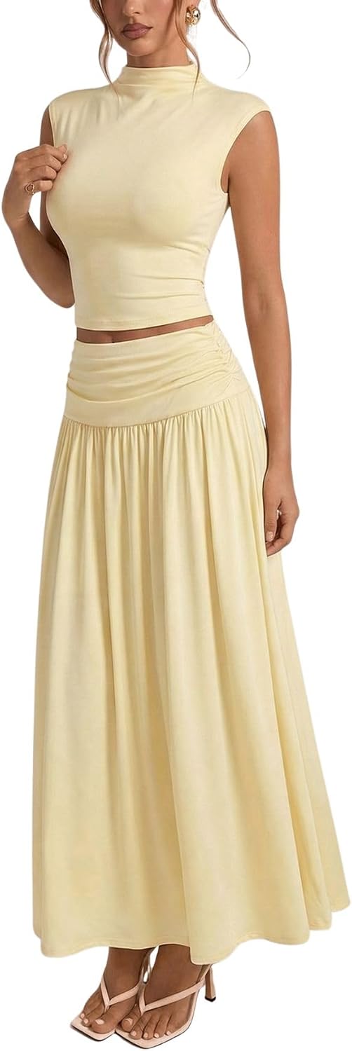 Verdusa Women's Skirt Sets 2 Piece Outfits Vacation Brunch Outfits Cinched Waist Fitted Crop Top with Maxi Skirt