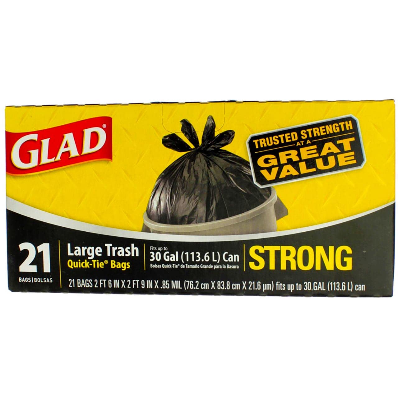 Glad 30 Gal. 3-Ply Strength, Strong Large Trash Quick-Tie Bags 21 ct (Pack of 9)