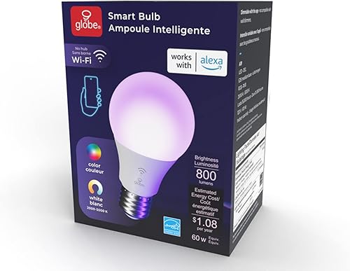 Miniatura 11 de GLOBE Bombilla eléctrica 50589 LED inteligente A19 que cambia de color, WiFi de 2.4 GHz, equivalente a 60 W, 800 lúmenes, funciona solo con Alexa, 1