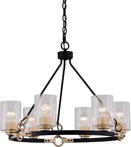 Miniatura 1 de Justice Design Group Lighting Richmond - Lámpara de araña de 6 luces, color negro mate con detalles de latón, pantalla de vidrio semillado