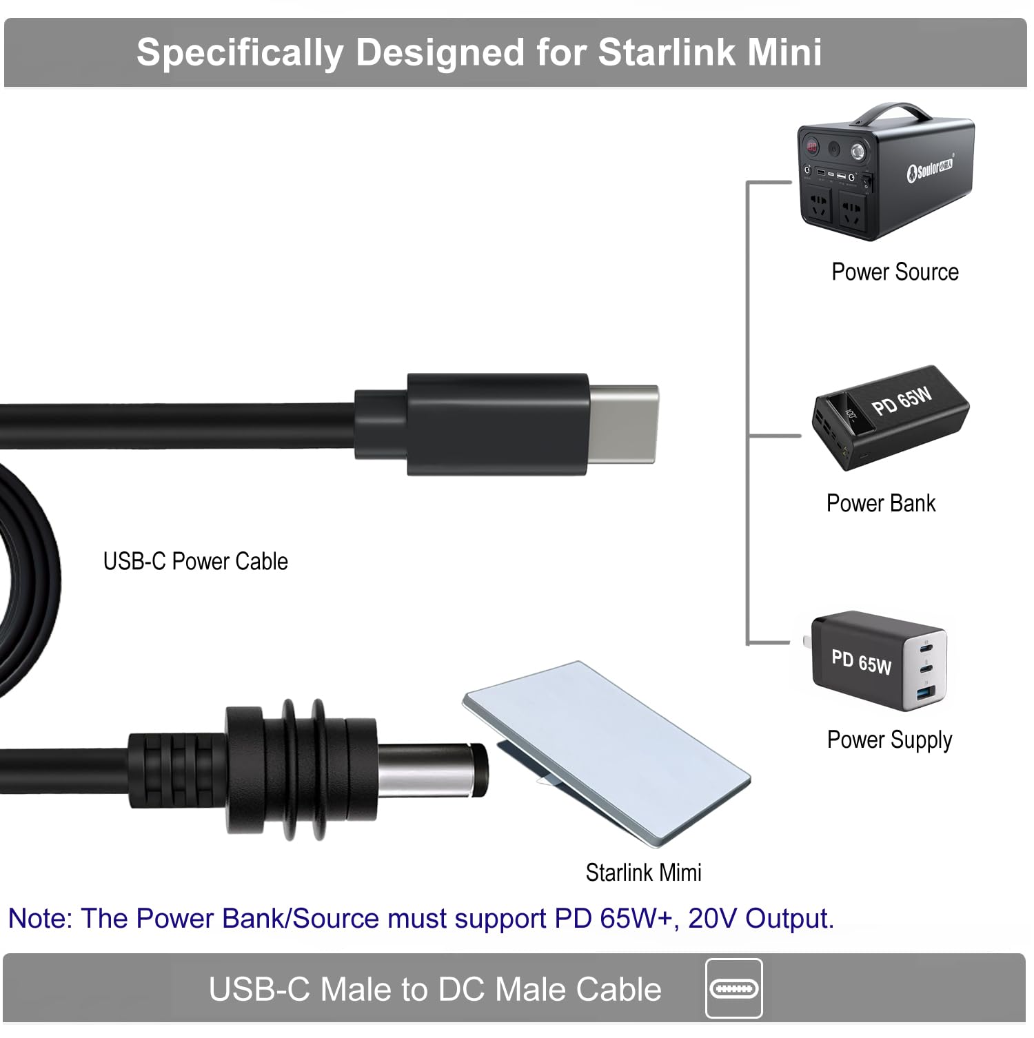 Starlink Mini kabel zasilający USB C na DC, kabel zasilający typu C na DC do Starlink Mini, wejście PD 20 V USB-C na męskie wyjście DC, wodoodporny, kompatybilny z zasilaczem protokołem 65 W PD 20 V