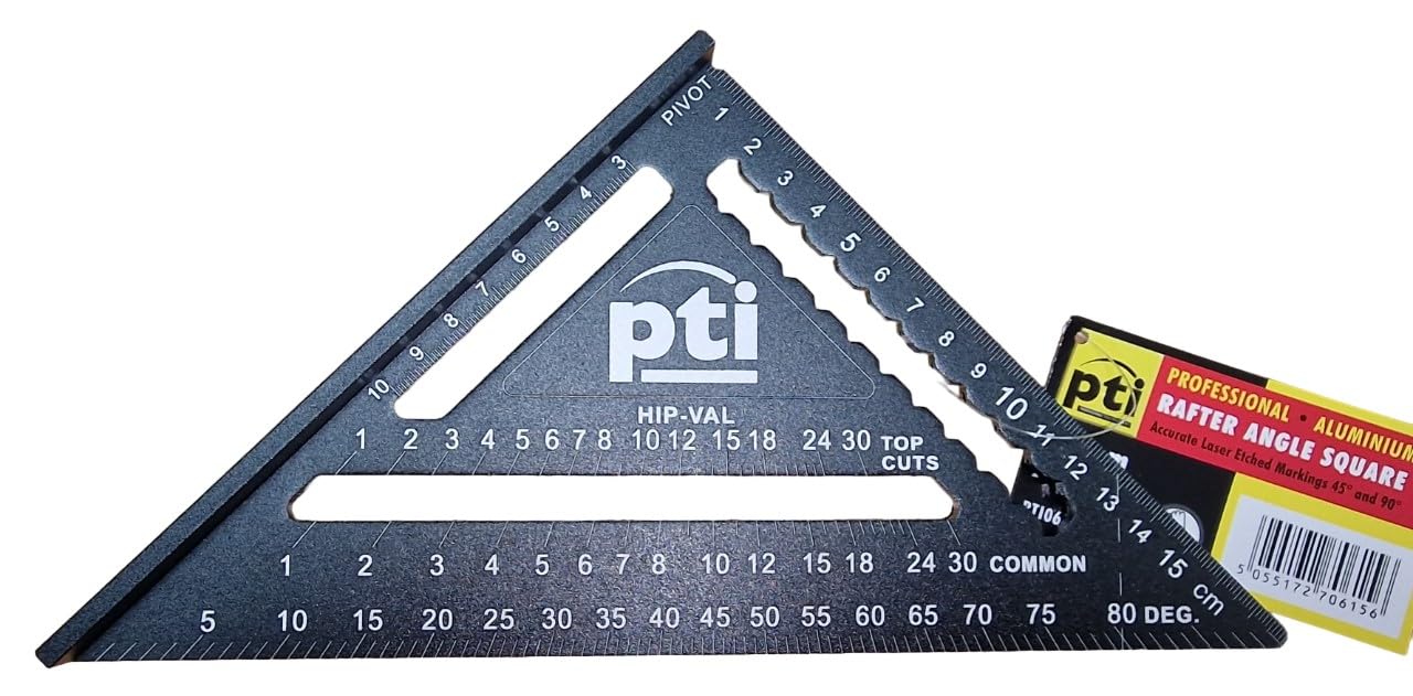 Pti Black Rafter Square Metric 7 Inch, 7" Aluminium Carpenters Roofing Square, Metric Woodwork Square, Triangle Ruler Protractor Anodised Aluminium