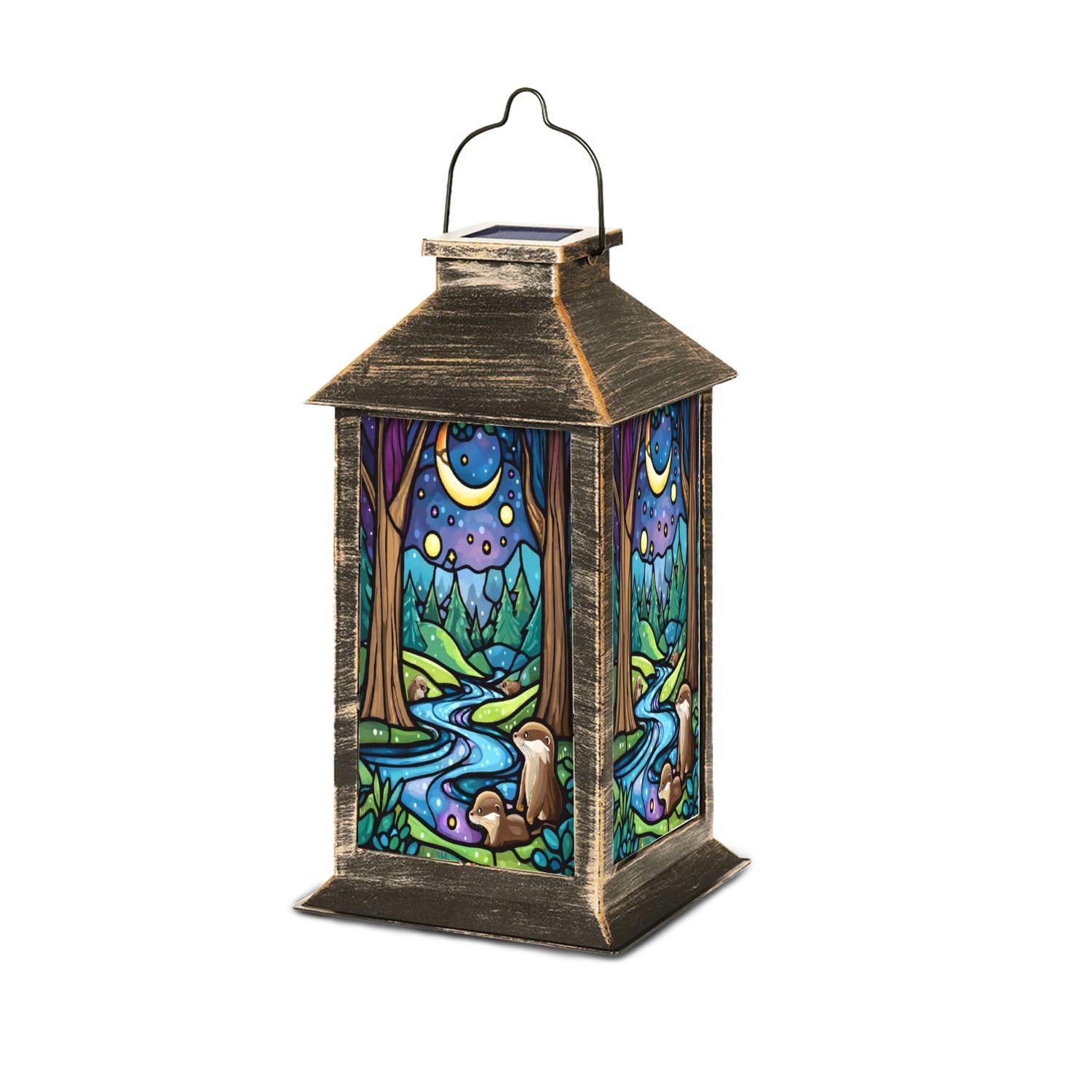 Solar Lantern Mystical Stained Glass Forest River Dusk Otters Outdoor Waterproof Garden Hanging Lantern Solar Powered Lighting Outside Table Lamp for Patio Deck Camping 1 Pack