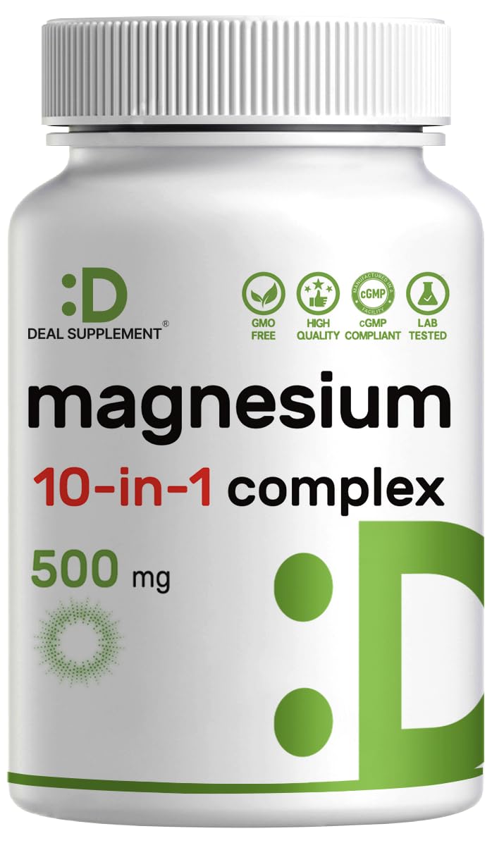Magnesium Complex 500mg, 240 Veggie Capsules | 10-in-1 Glycinate, Citrate, Malate, & More | 100% Chelated for Easy Absorption | Essential Mineral Supplement for Muscle, Sleep, & Heart Health