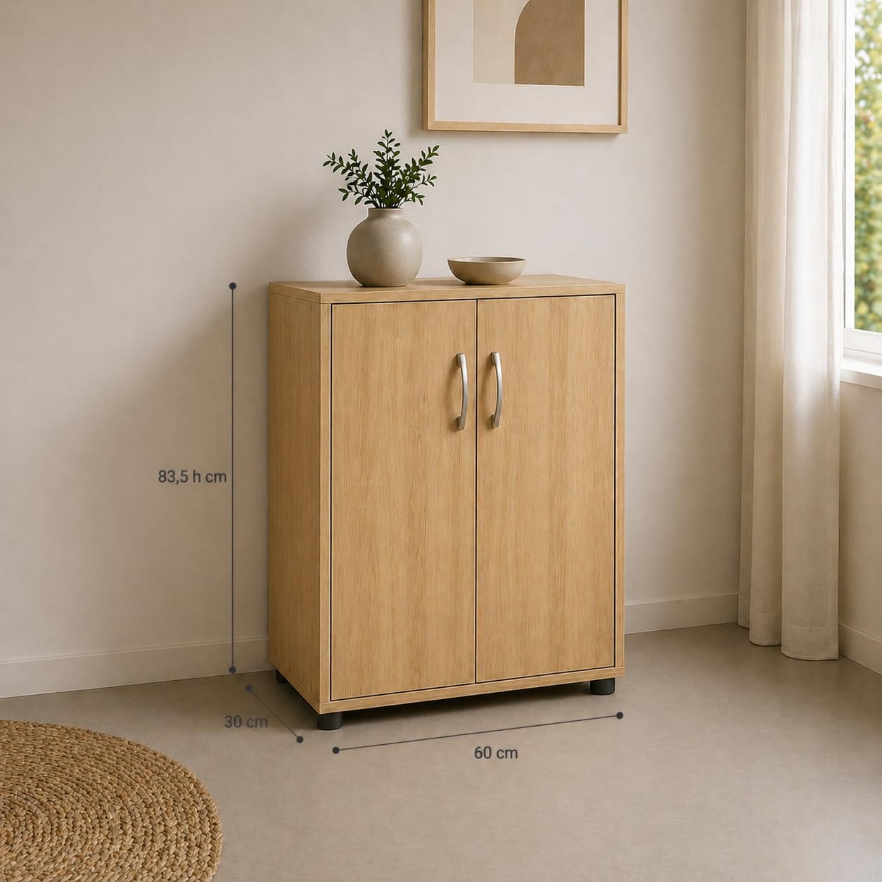 Mobile Scarpiera in Legno 4 Ripiani 60X30X83.5CM - Salvaspazio, Multiuso, 2 Ante, con Maniglie, Compatta, Versatile, d'Arredo, Camera da Letto, Ingresso, Organizer - Effetto Venato (Rovere)