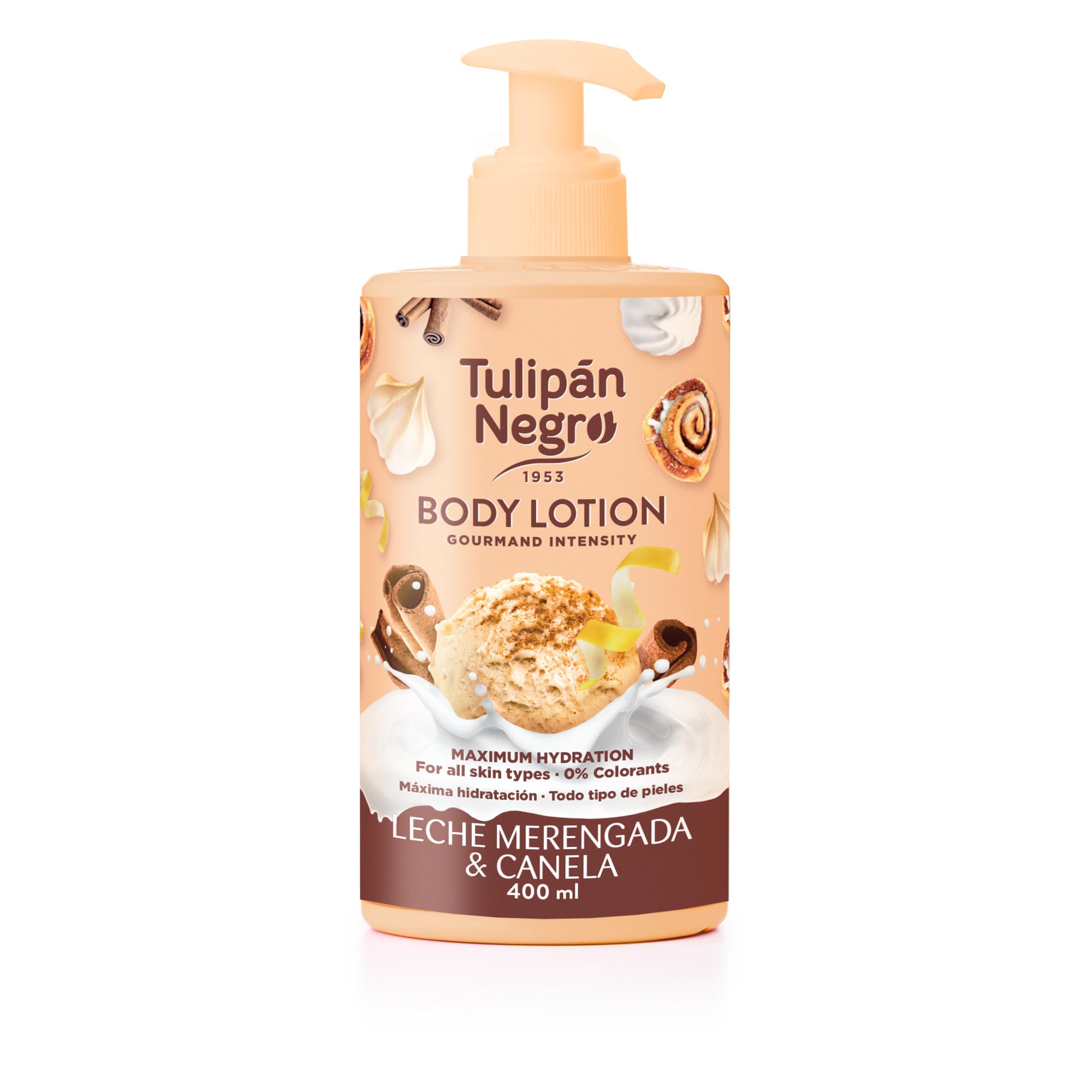 Tulipán Negro Loción Corporal con dosificador Leche Merengada y Canela, máxima hidratación 400 ml, intensamente perfumado y para todo tipo de pieles