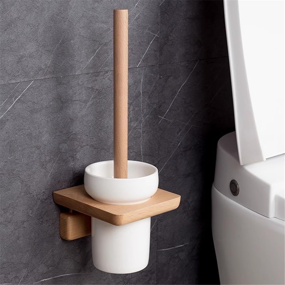 Cepillos de inodoro con cabeza redonda, soporte de pared de madera con plástico para suelo de inodoro