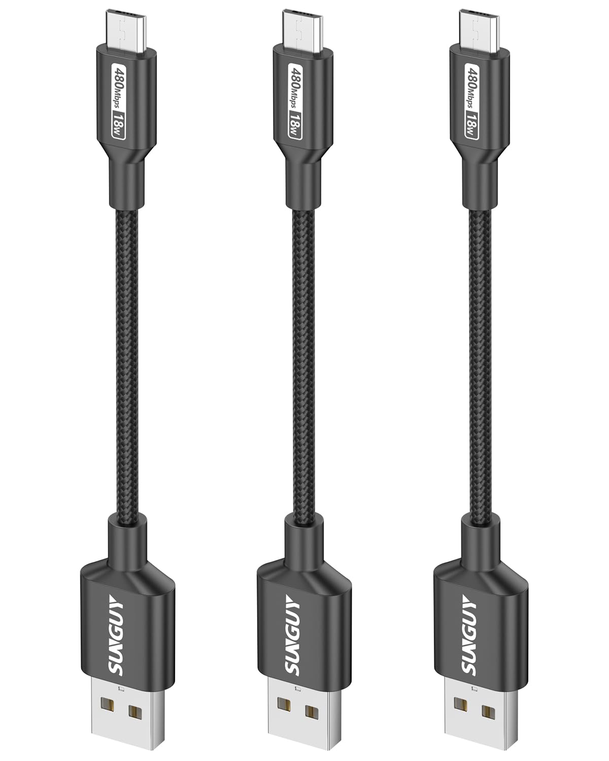 SUNGUY Cavo micro USB da 0,15m, 3 pezzi corto intrecciato USB 2.0 Micro Android, ricarica rapida e sincronizzazione dati, compatibile con Galaxy S6 S7 Edge Note 5, Tab 4, PS4, Kindle e altri (Nero)