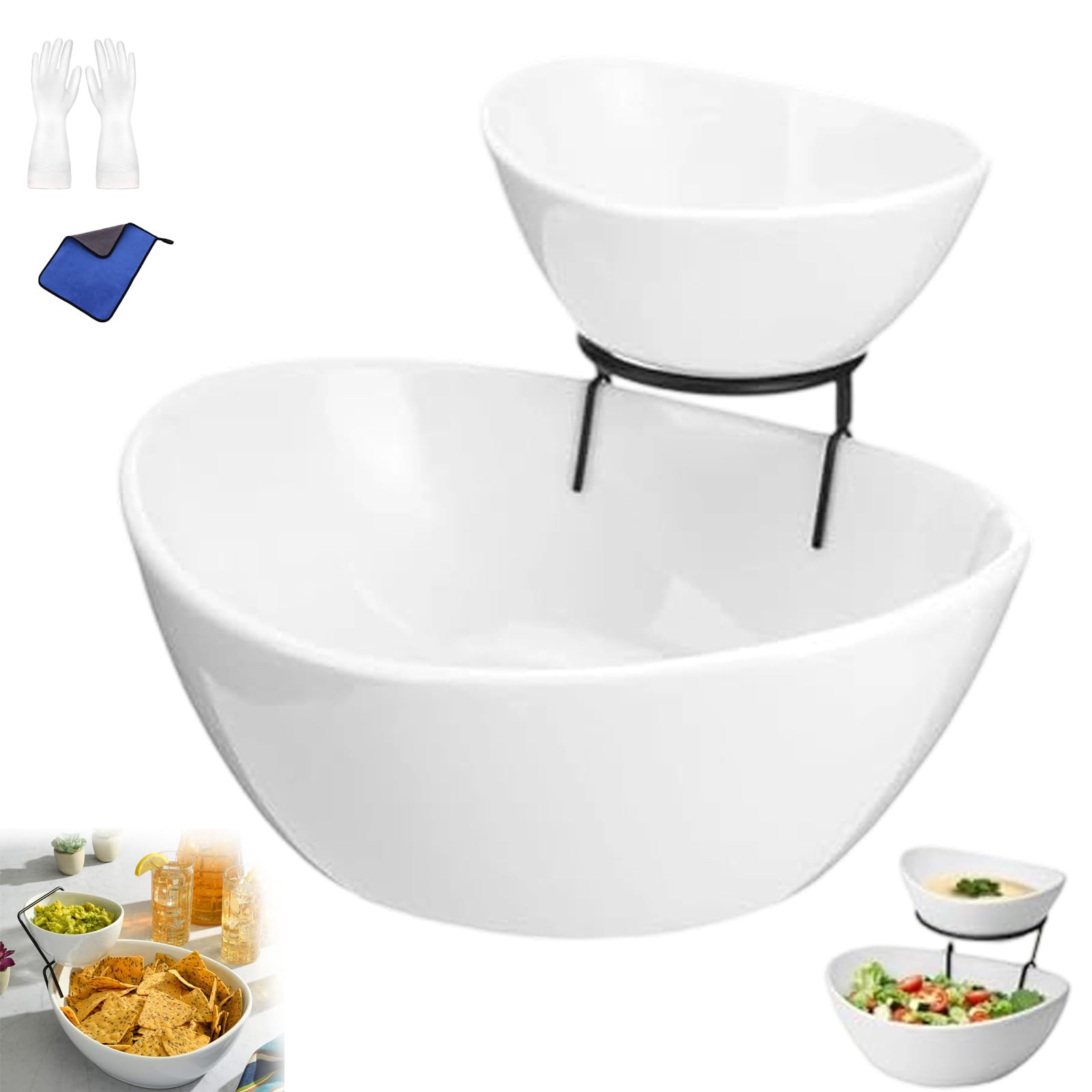 Zweistöckiges Chip- und Dip-Servierset mit Metallständer, perfekte Vorspeisen-Schale für Obst, Salate, ideal für Veranstaltungen, Veranstaltungen und Unterhaltung