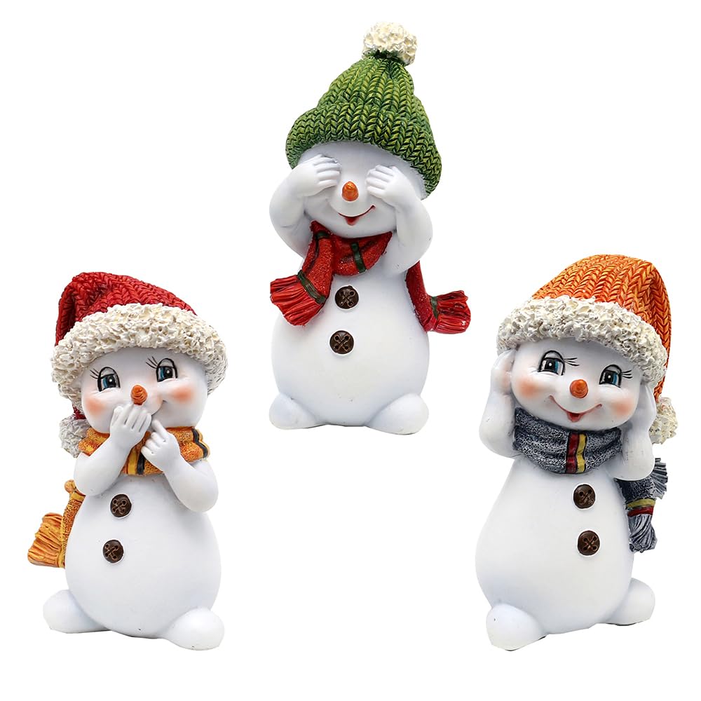 Dekohelden24 Schneekinder - Nichts hören, sehen, Sagen - mit Mütze und Schal in orange, grün und rot, als 3er Set, L/B/H 6,3 x 5 x 10,5 cm