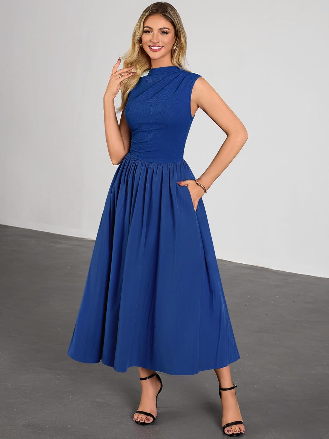 Miusol Women's Retro Half Collar Sleeveless with Pocket Casual Swing Dress - Image 3