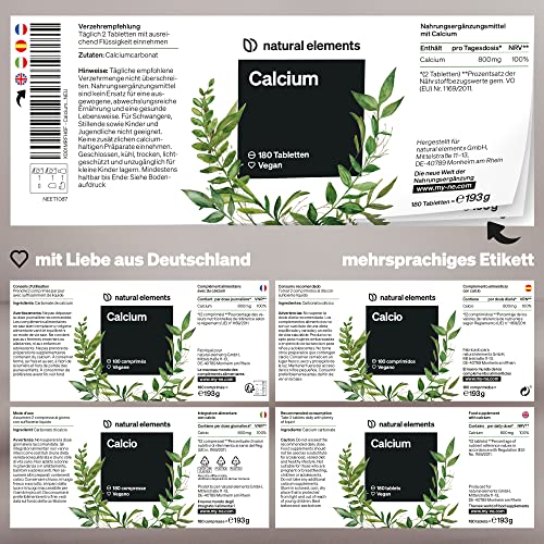 natural elements Calcium Tabletten – 800 mg Kalzium aus Calciumcarbonat pro Tagesdosis – 180 Tabletten für 3 Monate – vegan, hochdosiert, ohne unerwünschte Zusätze – laborgeprüfte Qualität